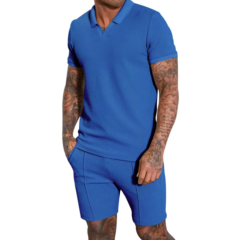 2024 Summer New Waffle V-neck Short sleeved Shorts Two piece Set with Polo Polo Set for Men SapphireBlue