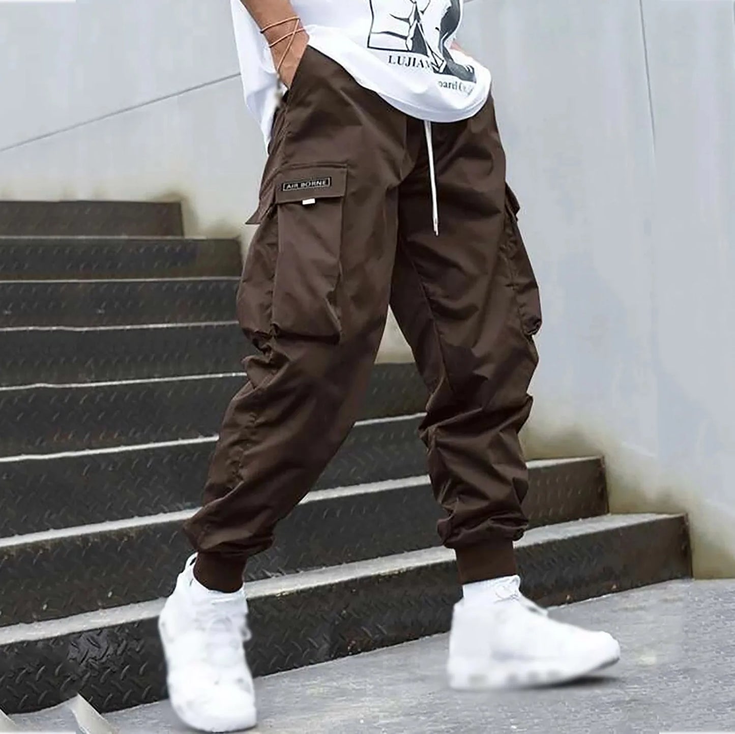 Men's Baggy Thin Flap Pockets Adjustable Drawstring Waist Cargo Pants, Street Trendy Boyfriend Style Tactical Military Army Utility Jogger Trousers, Men Bottoms, Cozy Fall Outfits, Men's Clothing, Men Gifts, Please Purchase A Size Up Brown