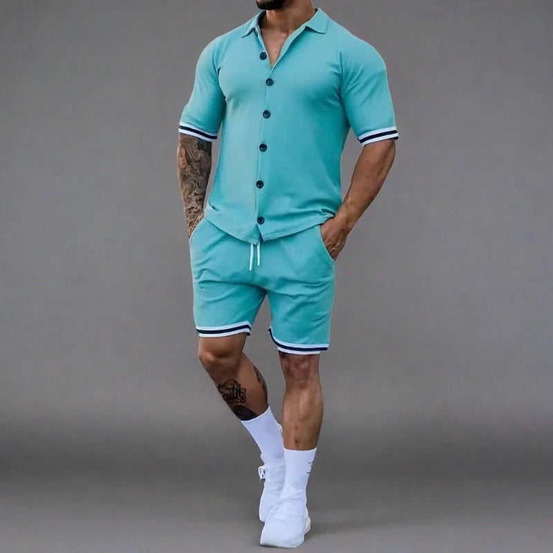 Popular Men's Summer Polo Cardigan Solid Short Sleeve Shorts Two Piece Casual Set