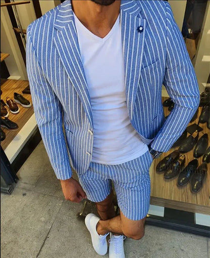 Men's Blazer Suit Set Casual Vertical Stripe Notch Lapel Two Button Blazer & Shorts 2Pcs Set Men's Clothing Blue