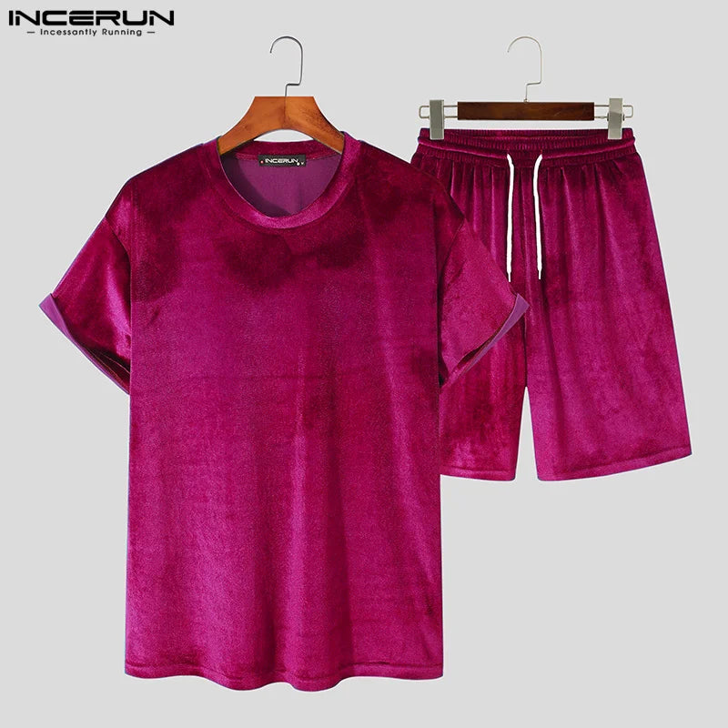 Men Sets Velour Solid Color 2023 O-neck Short Sleeve T Shirt & Drawstring Shorts Streetwear Men Casual Suits INCERUN S-5XL 7 Rose