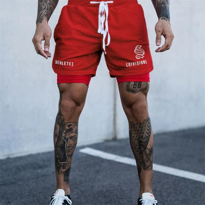 NEW 2 IN 1 Sport Running Casual Breathable Shorts Men Double-deck Jogging Quick Dry GYM Shorts Fitness Workout Men Shorts Red