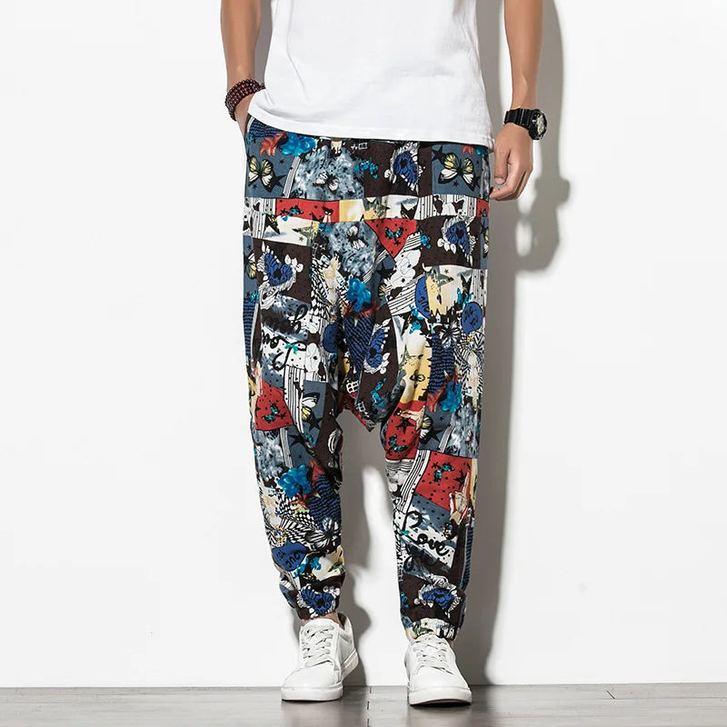 Prints Cotton Joggers Men Baggy Hippie Boho Drop Pants Blue