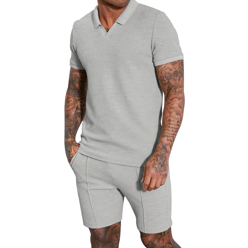 2024 Summer New Waffle V-neck Short sleeved Shorts Two piece Set with Polo Polo Set for Men LightGray