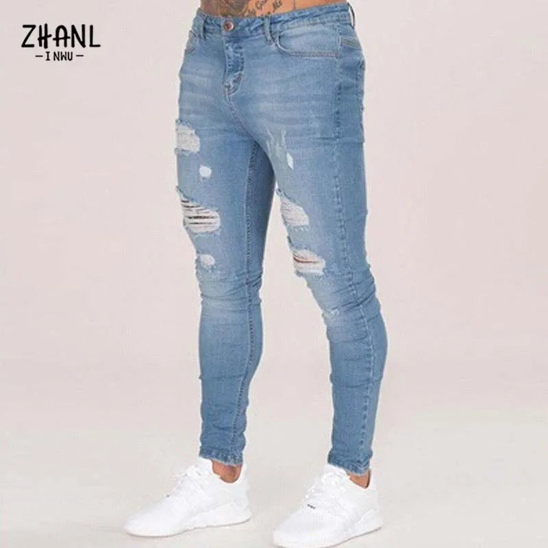 Pants Men Jeans Skinny Hip Hop Sky Blue Jeans Mens Stretchy Ripped Slim Fit Denim Destroyed Hole High Quality Jean Streetwear