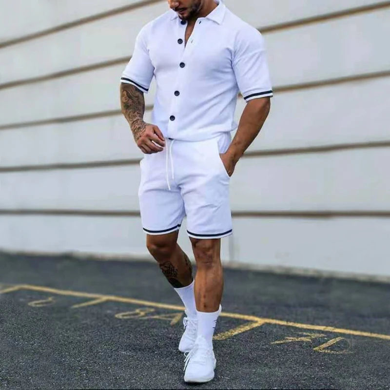 Popular Men's Summer Polo Cardigan Solid Short Sleeve Shorts Two Piece Casual Set WHITE