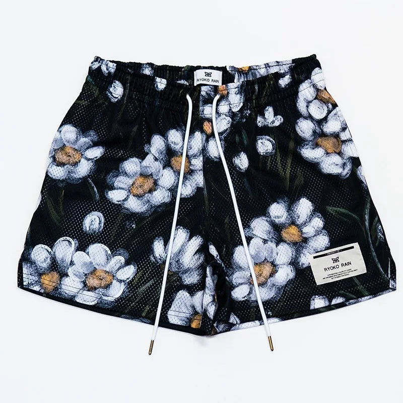 Summer American Oil Painting Style Casual Mesh Shorts Men's And Women's Summer Basketball Training Knee Quarter Pants Black