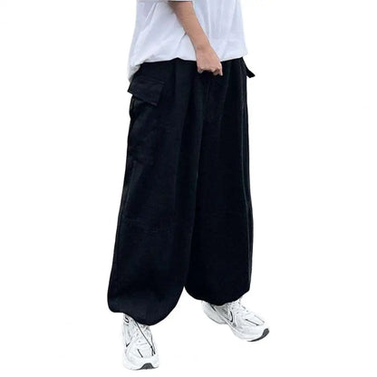 Trendy Cargo Pants Four Seasons Men Pants Elastic Waist Drawcord Leg Opening Pants Streetwear black