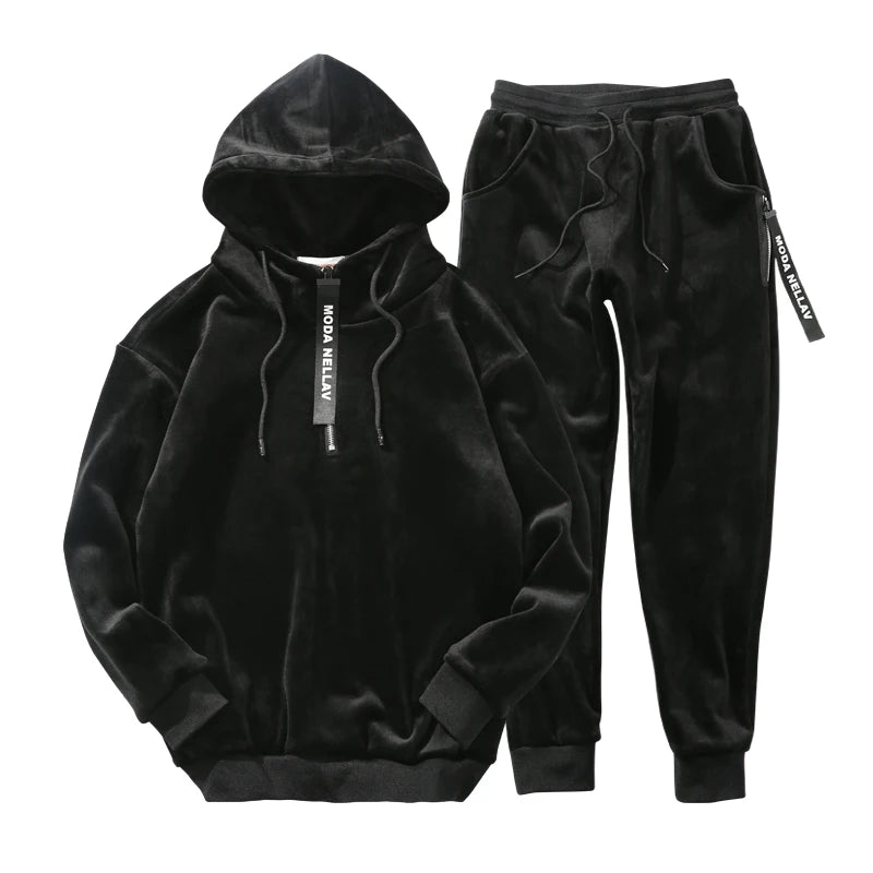 Men's Double-sided Hoodies with Pants Velvet Winter Suit Autumn New Leisure Gold Velvet Set Two Piece Tracksuit