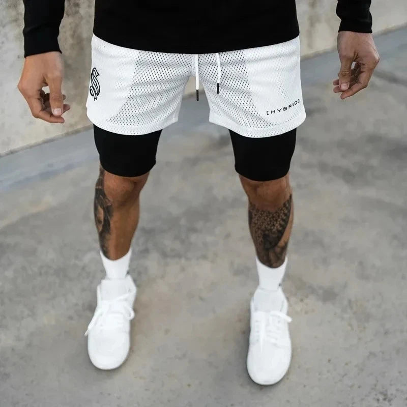 2024 Camo Running Shorts Men 2 In 1 Double-deck Quick Dry GYM Sport Shorts Fitness Jogging Workout Shorts Men Sports Short Pants white