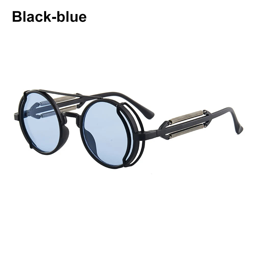 Steampunk Sunglasses Men Women Vintage Metal Round Punk Eyewear Colorful Lens Fashion Sun Glasses Gothic Style UV400 Shades Black-Blue