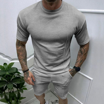 Summer New Men's Pullover Round Neck T-shirt Sports Casual Top Men's Short sleeved Shorts Set gray