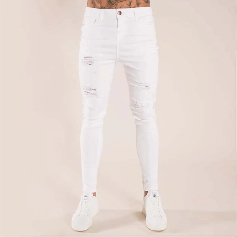 Pants Men Jeans Skinny Hip Hop Sky Blue Jeans Mens Stretchy Ripped Slim Fit Denim Destroyed Hole High Quality Jean Streetwear