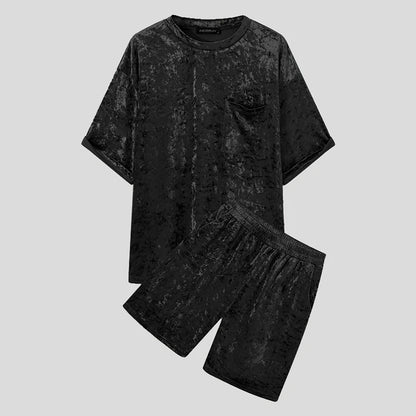 Men Sets Velour Solid Color Streetwear 2023 Short Sleeve Pockets T Shirt & Shorts 2PCS Loose Fashion Men Casual Suits 7 Black