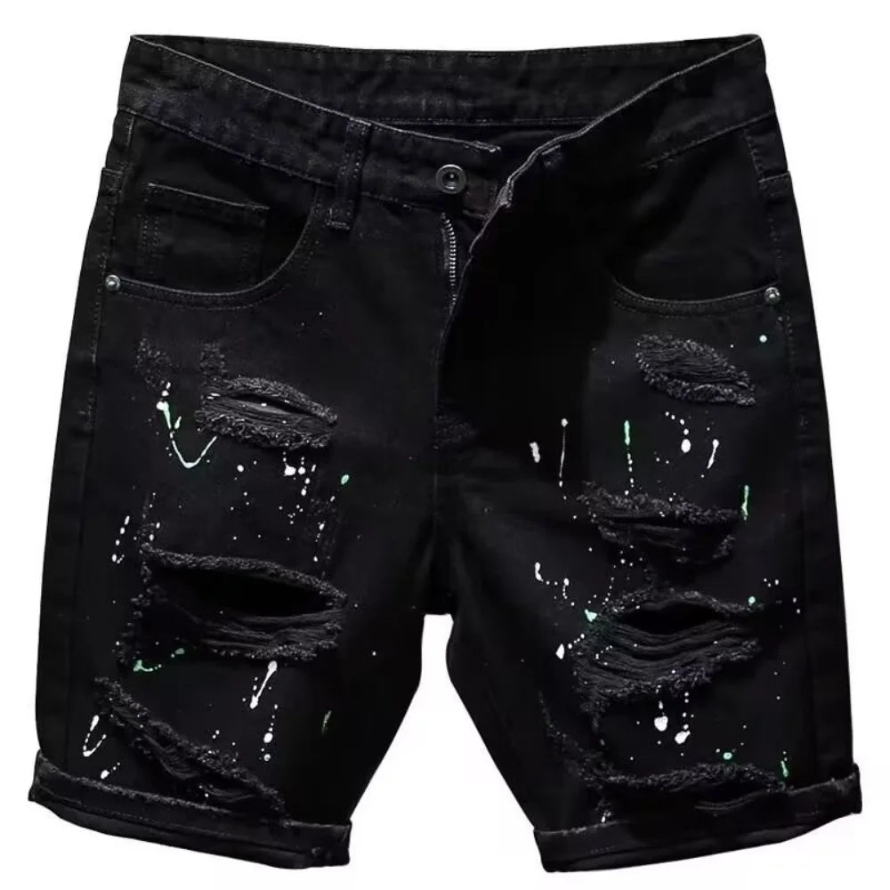 Summer Luxury Kpop Men's Y2K Streetwear Ripped Jeans Trendy Dotting Ink Designer Distressed Casual Boyfriend Black Denim Shorts