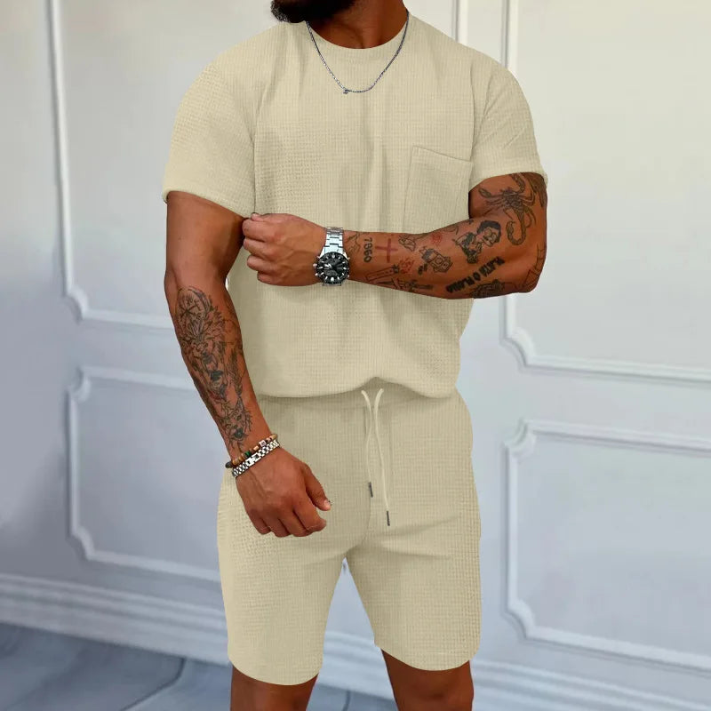 Cross-border summer European and American trend waffle round neck pocket short-sleeved shorts suit casual sports suit for m Khaki