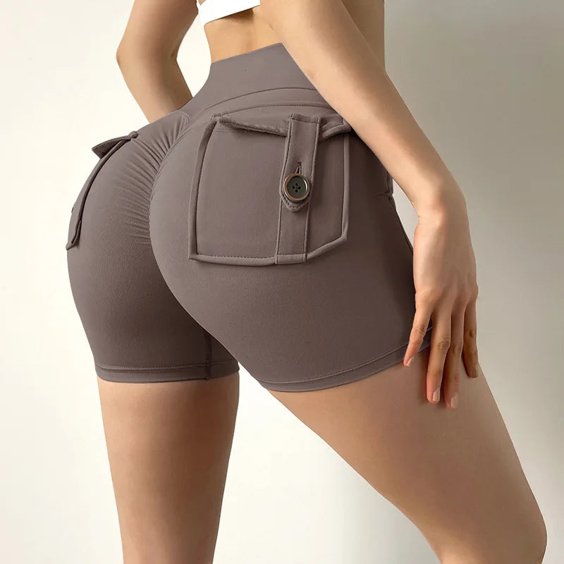 Women Sport Shorts Pockets Gym Sexy High Waist Workout Push Up Booty Scrunch Biker Shorts Pants Fitness Cycling Tights Dark brown