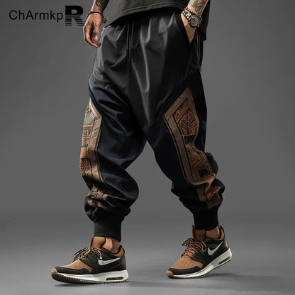 Summer 2024 Long Pants Men Clothing Vintage Ethnic Pattern Patchwork Drawstring Waist Loose Pants Trouser Streetwear Sweatpant