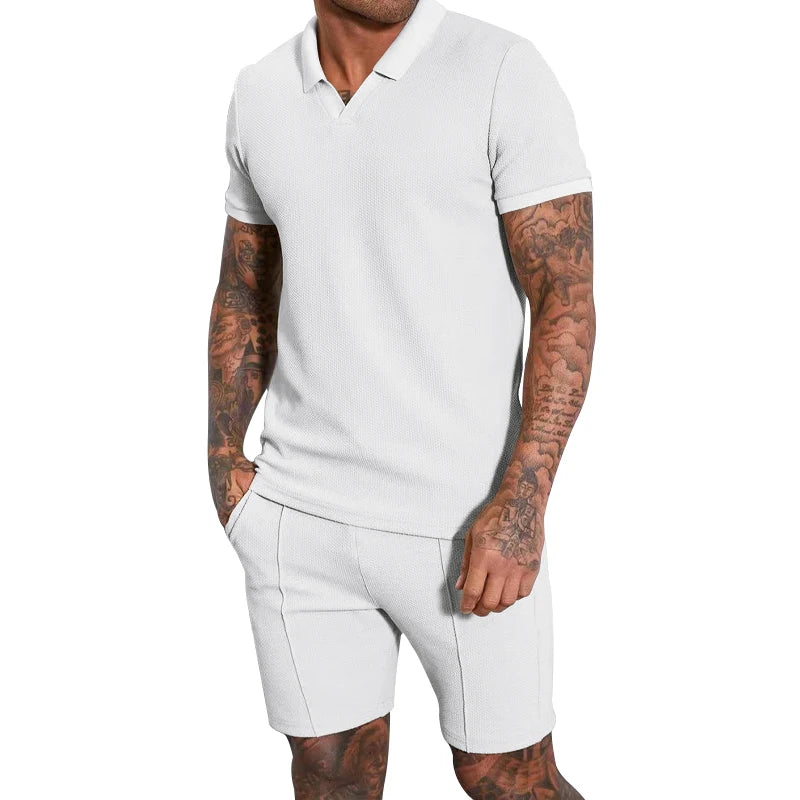 2024 Summer New Waffle V-neck Short sleeved Shorts Two piece Set with Polo Polo Set for Men white