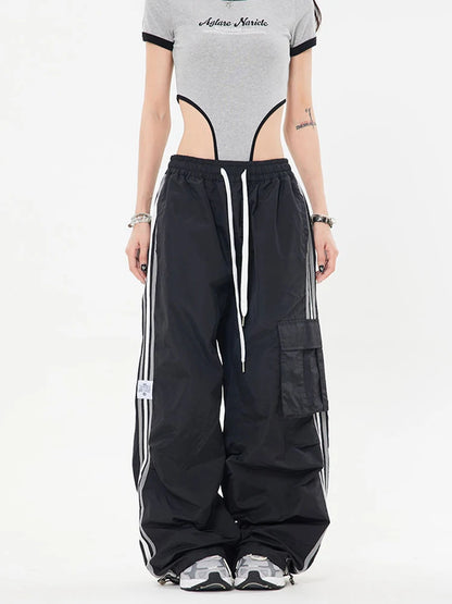 Y2K Kpop Cargo Pant Women Drawstring Pockets Wide Leg Chic Punk Pants Baggy Striped Sports Sweatpants Parachute Jogger Trousers