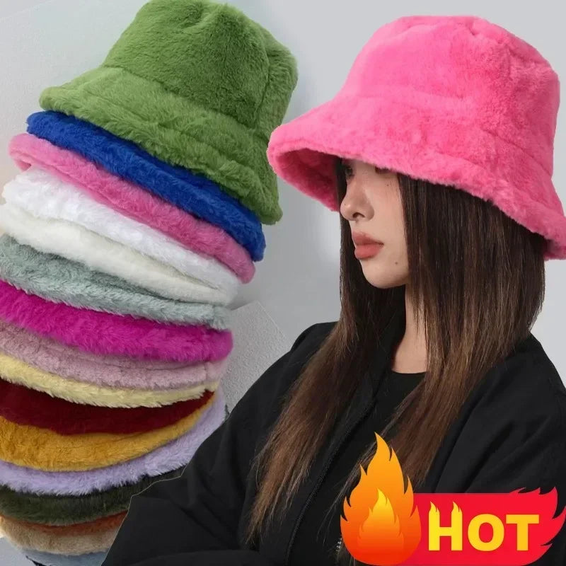 Winter Rabbit Plush Fisherman Hats Colorful Girl Fashion Bucket Hat Warm Windproof Cold-proof Wide Brim Lady Women Artist Cap