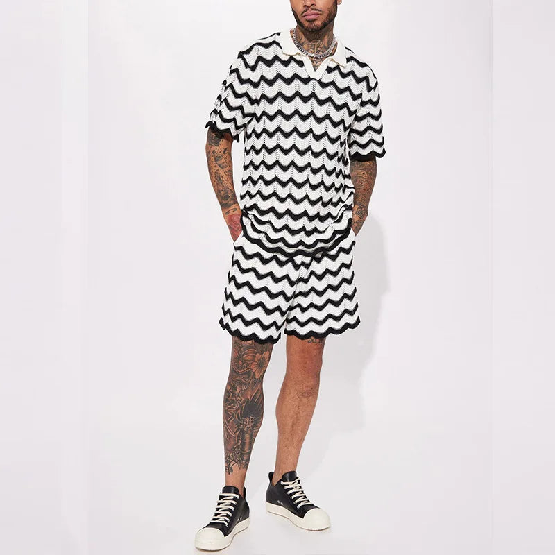 Knitted V-Neck Pullover Shorts Two Piece Set Summer Knitted Short Sleeve Set Mens Fashion Wave Pattern Contrast Sport Casual Set Black