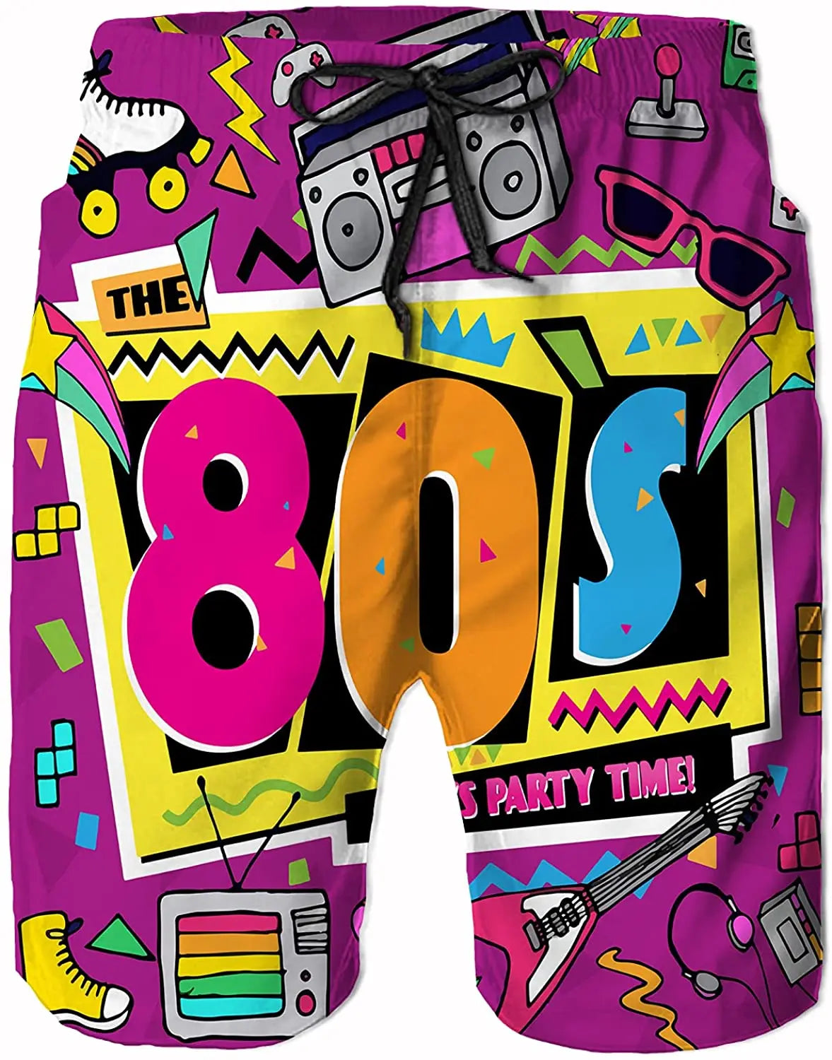 Funny Retro 80s 90s Icons Mens Swim Trunks Quick Dry Beach Board Shorts Summer Surf Boardshorts with Side Pockets High Quality 4