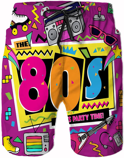 Funny Retro 80s 90s Icons Mens Swim Trunks Quick Dry Beach Board Shorts Summer Surf Boardshorts with Side Pockets High Quality 4