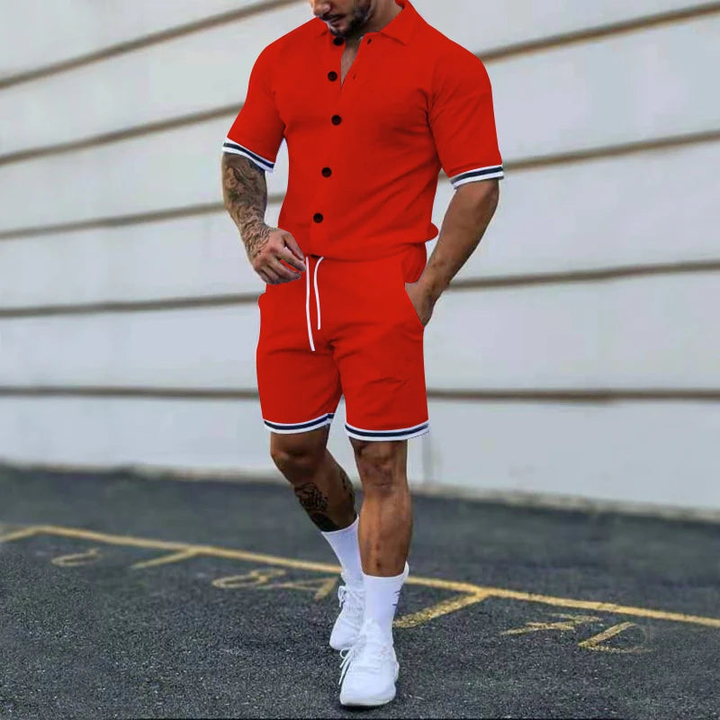 Popular Men's Summer Polo Cardigan Solid Short Sleeve Shorts Two Piece Casual Set Orange