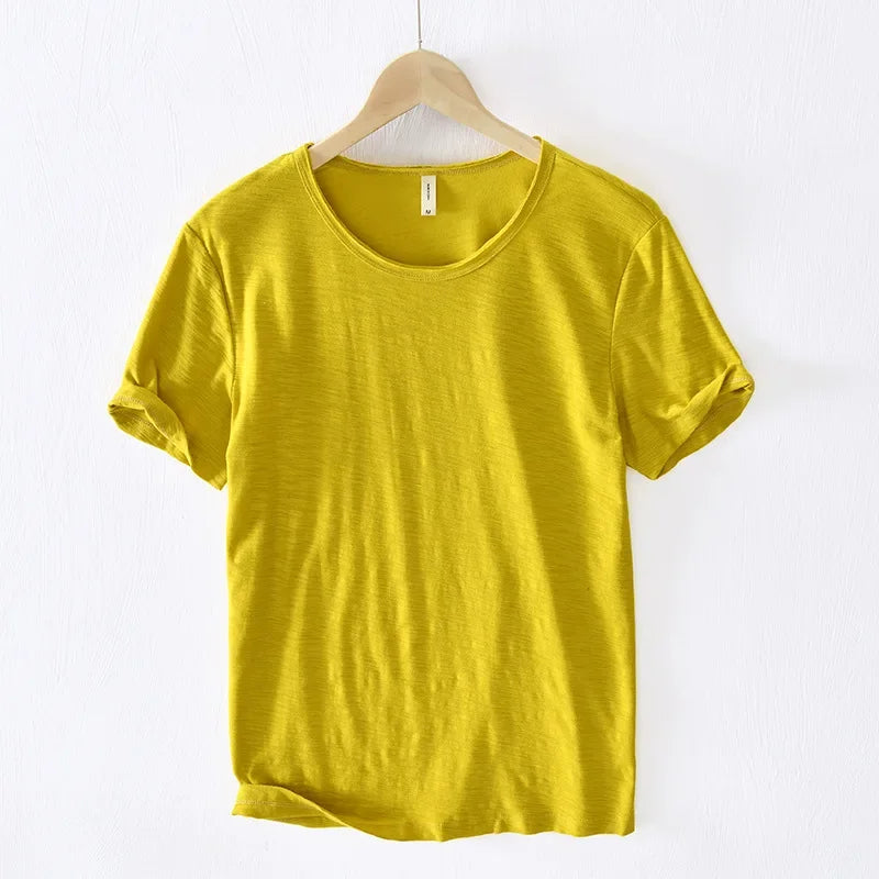 Retro Raw Edge T-Shirt for Men, 100% Cotton, Lightweight,Breathable,Slim-fit, Monochromatic, O-Neck, Casual Basic Top Yellow