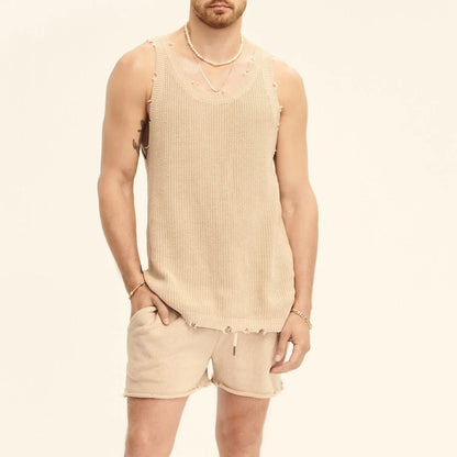 Men's Suit Two-piece Sets Knitted Sleeveless Tank Top Shorts Casual Sports Fashion Suit Streetwear Men's Fashion Tracksuit Khaki