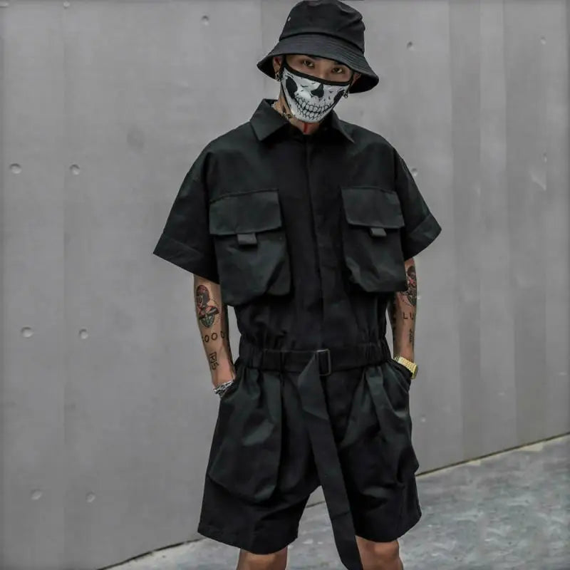 HOUZHOU Techwear Short Jumpsuit for Men Black Bodysuits Overalls Men Green Male Japanese Streetwear Summer Pockets Hip Hop Black