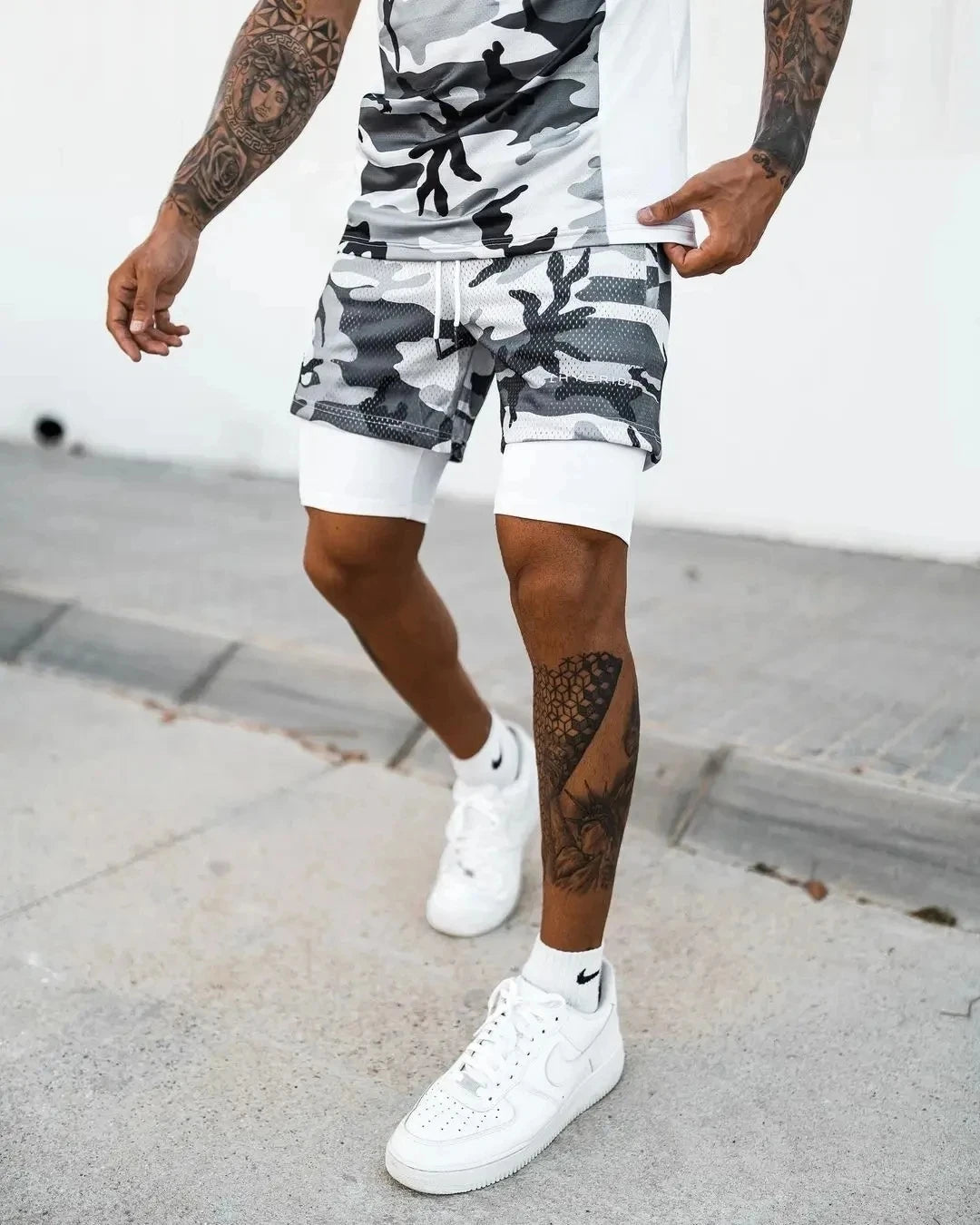 2024 Camo Running Shorts Men 2 In 1 Double-deck Quick Dry GYM Sport Shorts Fitness Jogging Workout Shorts Men Sports Short Pants gray camouflage