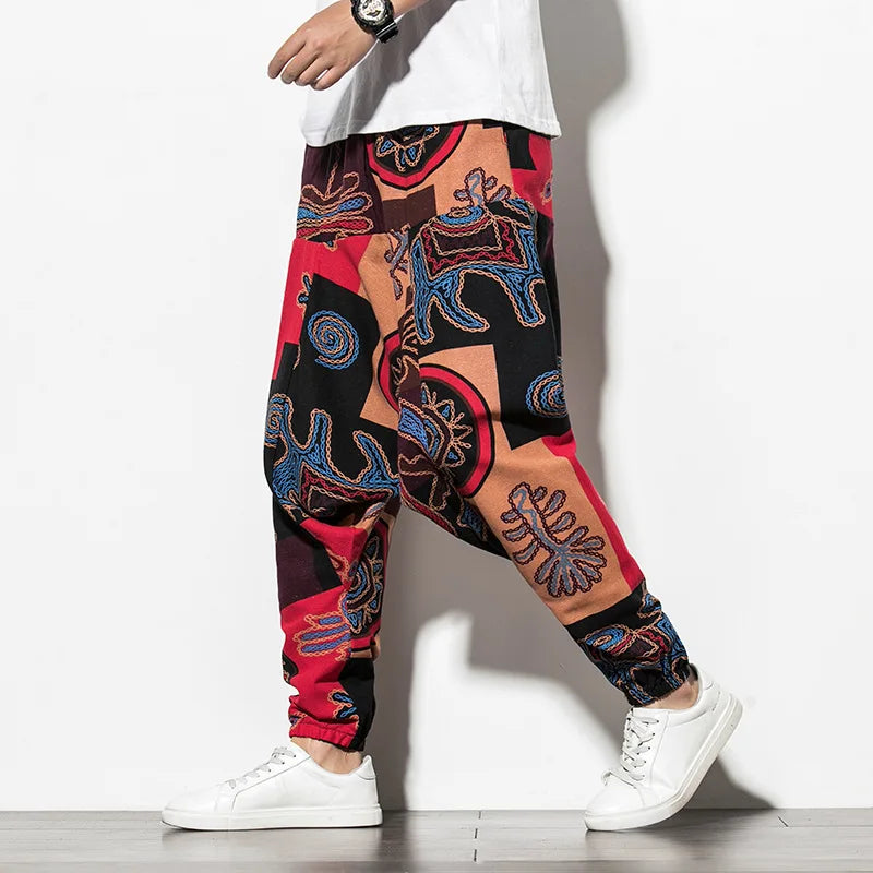 Prints Cotton Joggers Men Baggy Hippie Boho Drop Pants ju se