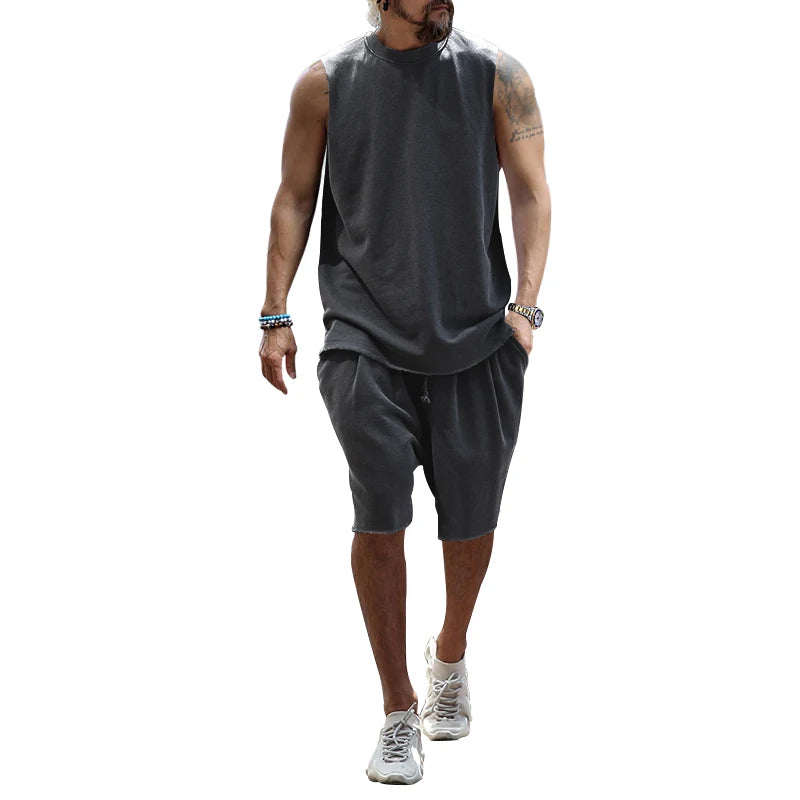 Summer New Sleeveless Sports Set Men's Casual Top Sleeveless Kam Shoulder Shorts Two piece Set for Men DarkGray