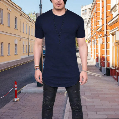 Men T-shirt Solid Color Round Neck Curved Hem