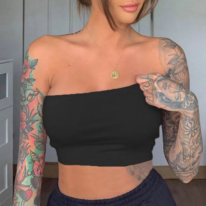 HOT Sexy Short Vest Crop Tops For Women Summer Fashion Seamless Bright Solid Color Stretch Strapless Tank Tops De Femmes Black