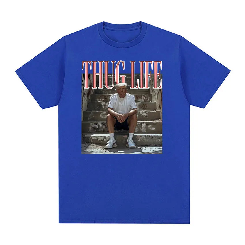 Funny Thug Life Meme Tee Shirt Men's Clothing Fashion Short Sleeve T-shirt Unisex Crewneck 100% Cotton T Shirt Tops Blue