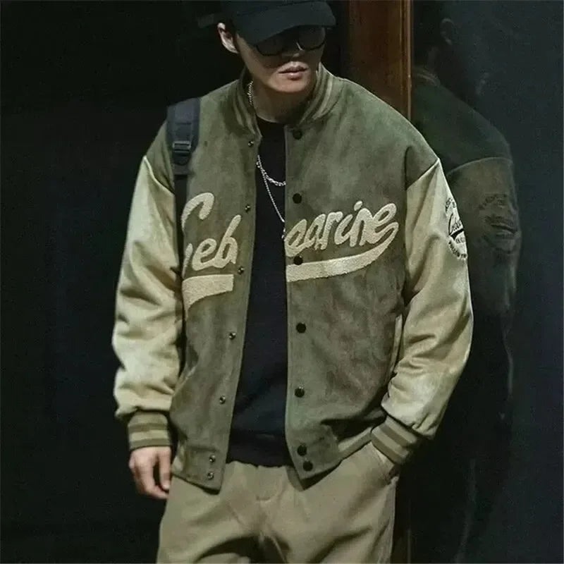 Spring and Autumn Casual Fashion Suede Baseball Jacket for Men Vintage New Green Pilot Jacket Ins Man Loose Style Jacket