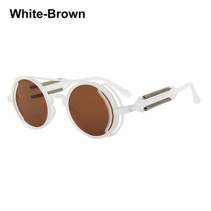 Steampunk Sunglasses Men Women Vintage Metal Round Punk Eyewear Colorful Lens Fashion Sun Glasses Gothic Style UV400 Shades White-Brown