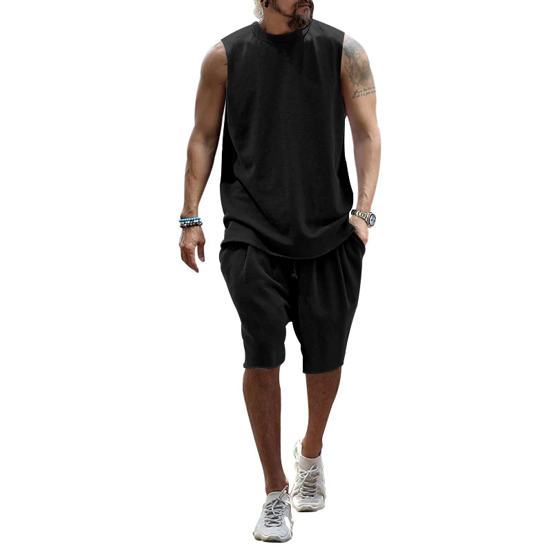 Summer New Sleeveless Sports Set Men's Casual Top Sleeveless Kam Shoulder Shorts Two piece Set for Men black