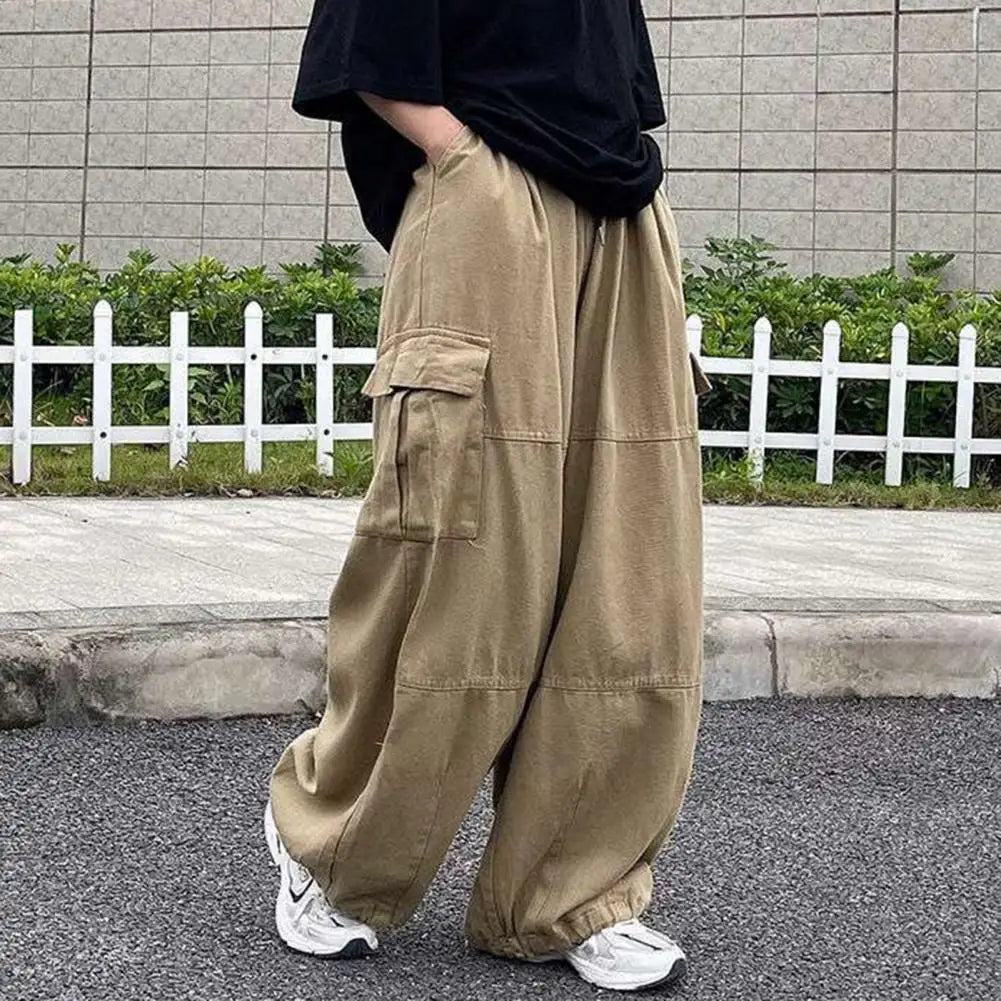 Trendy Cargo Pants Four Seasons Men Pants Elastic Waist Drawcord Leg Opening Pants Streetwear