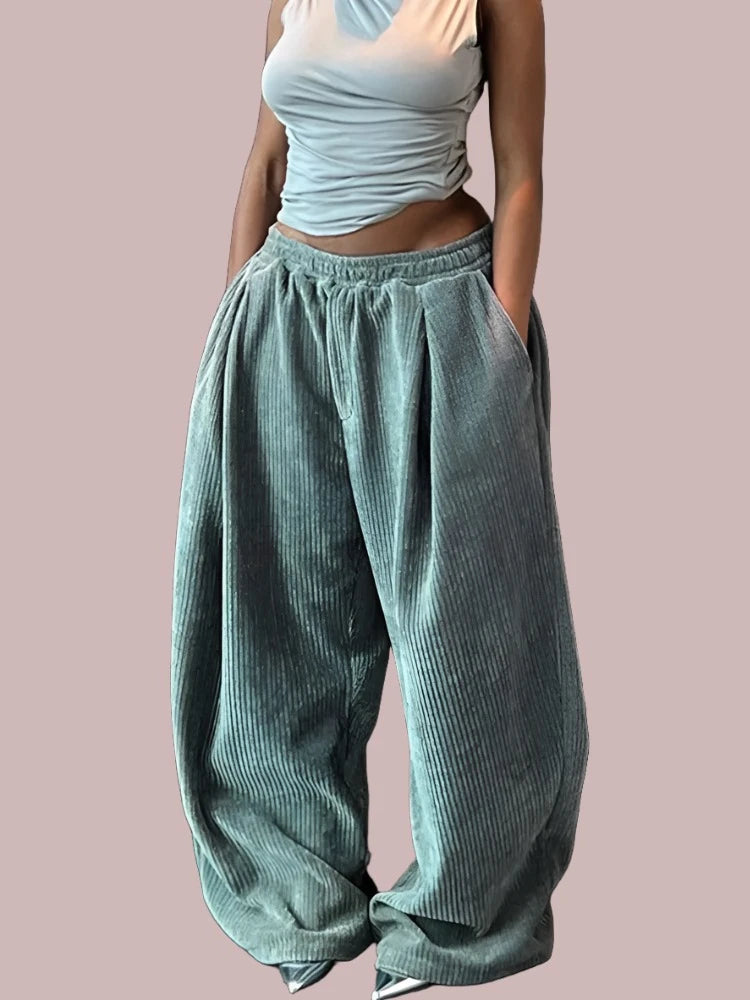 Y2K Casual Wide-Leg Pants Women Autumn Loose Simple Basic Pocket High Waist Trousers Corduroy Streetwear Long Bottoms