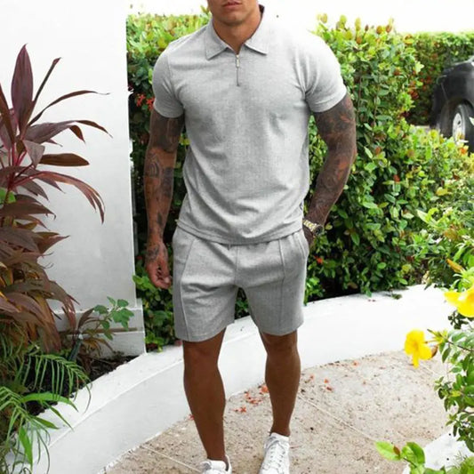 Summer Clothing Men's Luxury Tracksuit Set Casual Short Sleeve Solid Color Polo Shirt+Shorts Streetwear 2 Piece Suit 2024 New GRAY