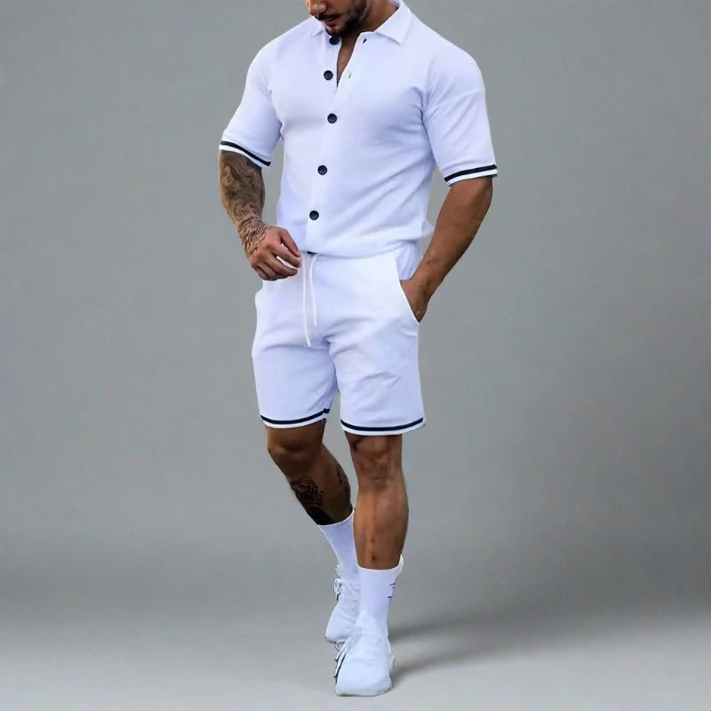 Popular Men's Summer Polo Cardigan Solid Short Sleeve Shorts Two Piece Casual Set