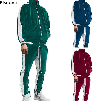 New 2024 Spring Autumn Men's Velvet Set Sport Suit Male Velour Thick Hoodies+ Pants Warm Sweatshirt Sportswear Tracksuit For Men