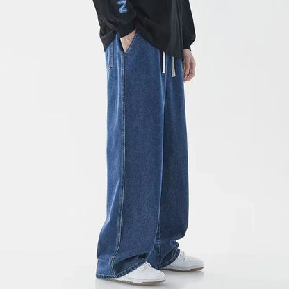 Men Straight Jean Loose Streetwear Wide Leg Neutral Pants Fashion Baggy Trousers Dark blue CHINA