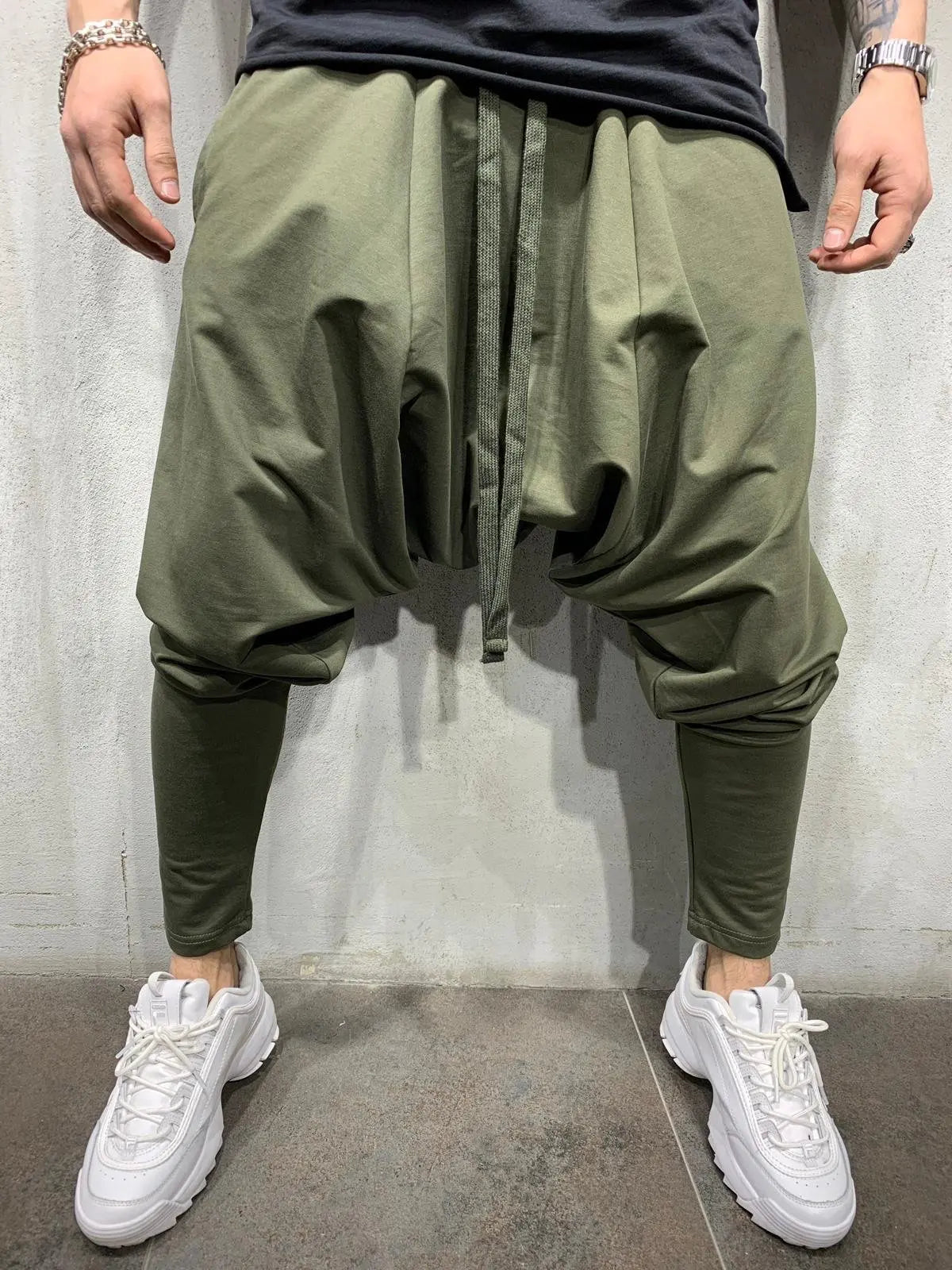 Mens Clothing Men's New Hip-hop Trend Trousers European American Loose Solid Color Feet Street Sports Casual Harem Pants Green