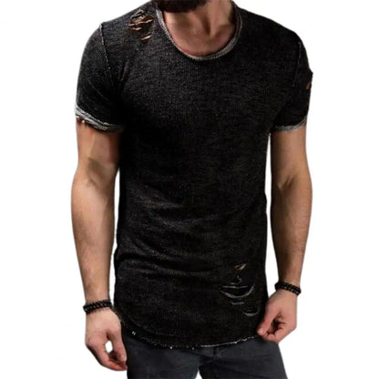 Cotton Blend Stylish Hole Design Top Pullover Cloth Men Shirt Solid Color Black