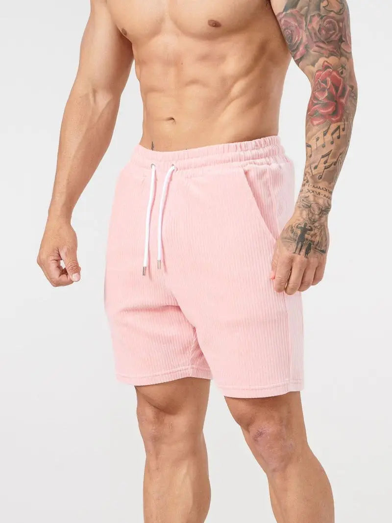 2024 Summer New Corduroy Tracksuit Men's Short Sleeve T-Shirt+Shorts 2 Piece Set Sports Suit Men Gyms Fitness Sportswear Male Pink Shorts